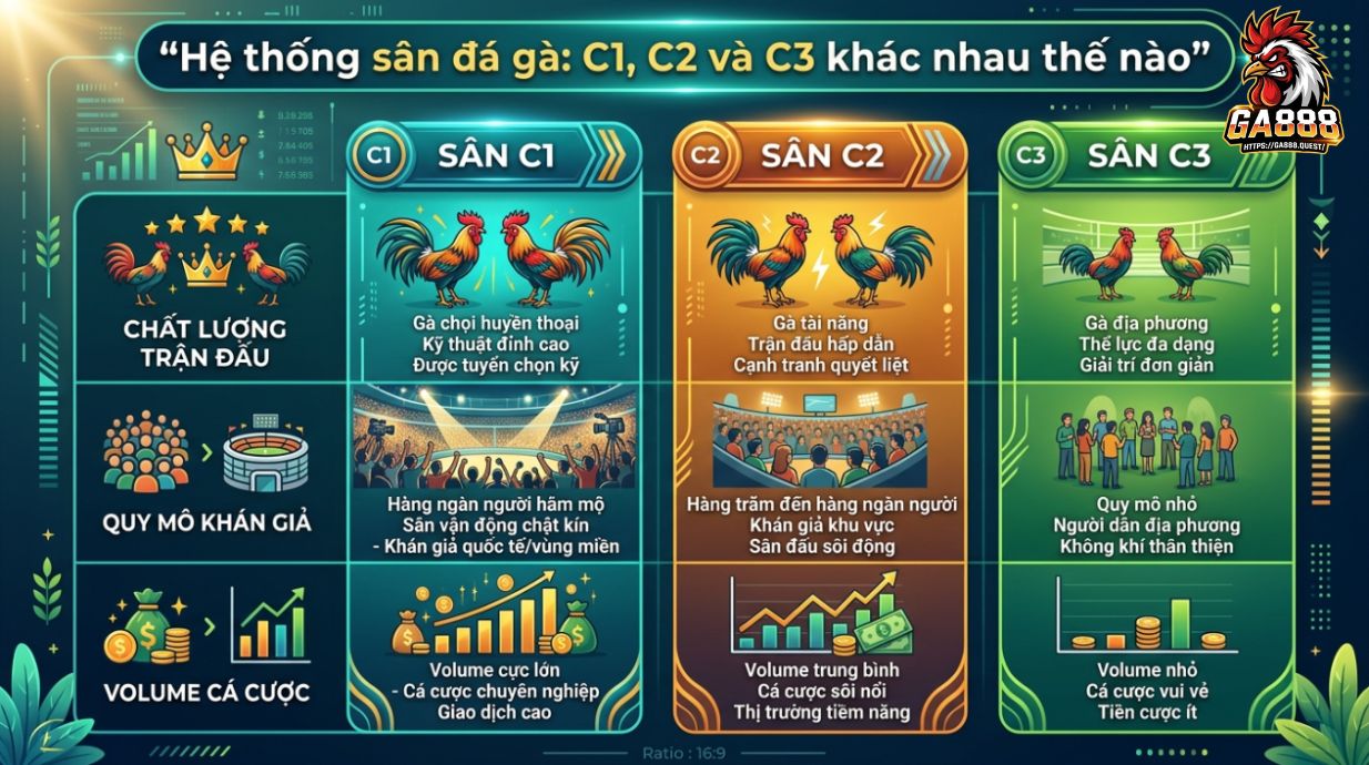 Hệ thống sân đá gà: C1, C2 và C3 khác nhau thế nào