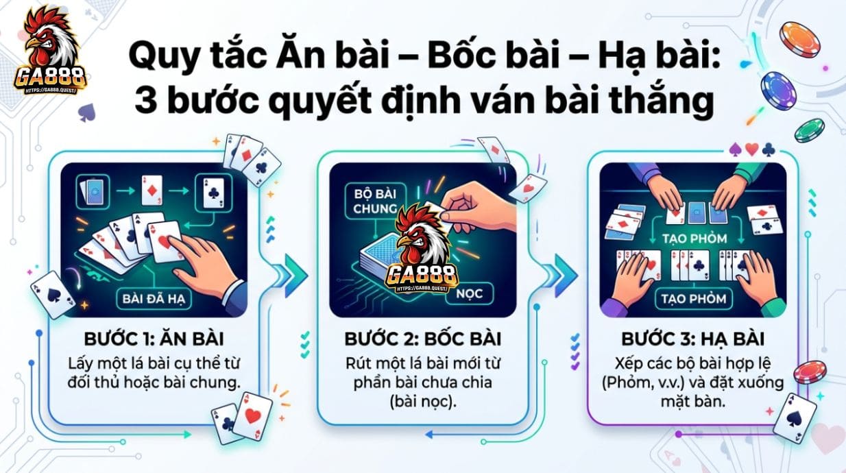 Luật ăn bài – bốc bài – hạ bài: 3 bước quyết định ván thắng